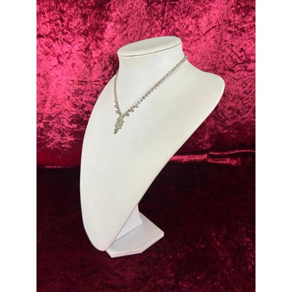 Vintage Collar Choker Necklace Silver Tone Metal Drop Pendant Rhinestones 16.5” - Picture 2 of 5